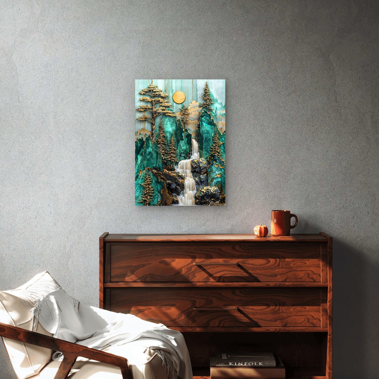 Jade Gold Mountain Waterfall 60x90cm Metal Print Ready to Hang - Bella Home Decor