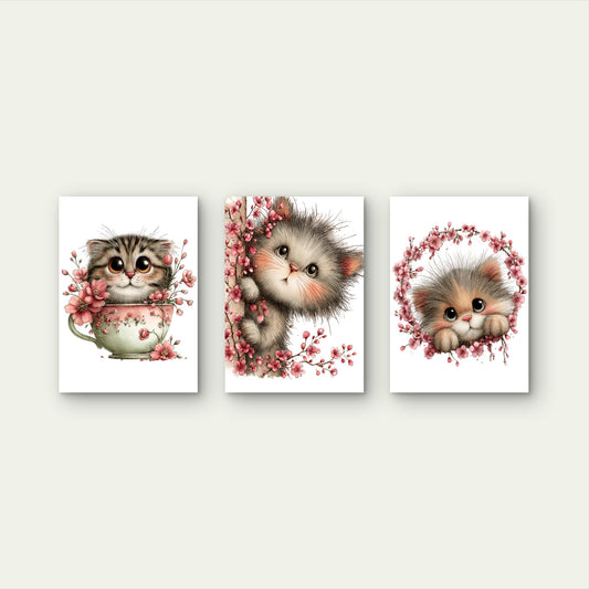 3pcs Sakura Cherry Blossom Cats Wall Art Set Canvas Framed 40x60cm - High Quality Print 100% Australian Made Wall Canvas Ready to Hang