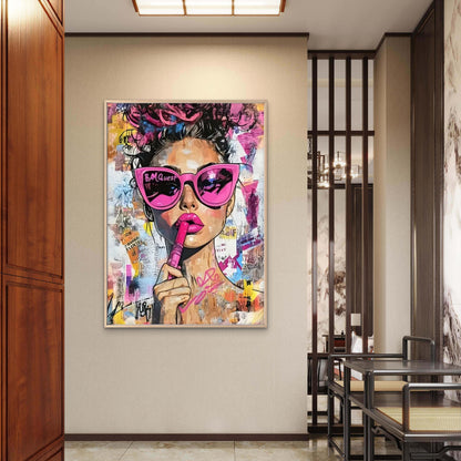 Stylish Girl wearing Pink Glasses with a Lipstick Fashion Home Decor Premium Quality Poster Print Choose Your Sizes