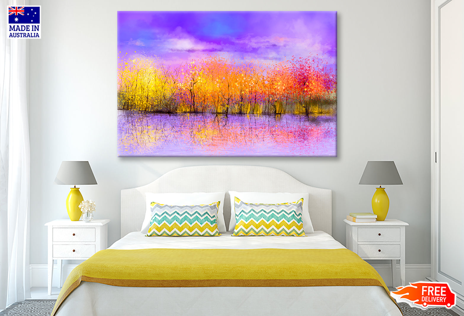 Colorful Autumn Forest, Trees With Yellow, Red Leaf & Lake Oil Painting Wall Art Limited Edition High Quality Print