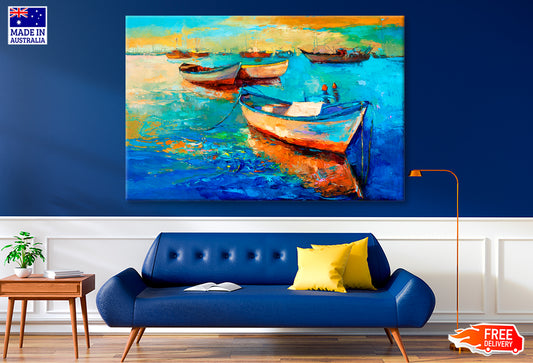 Boats On Sea & Sunset Over The Sea Painting Wall Art Limited Edition High Quality Print