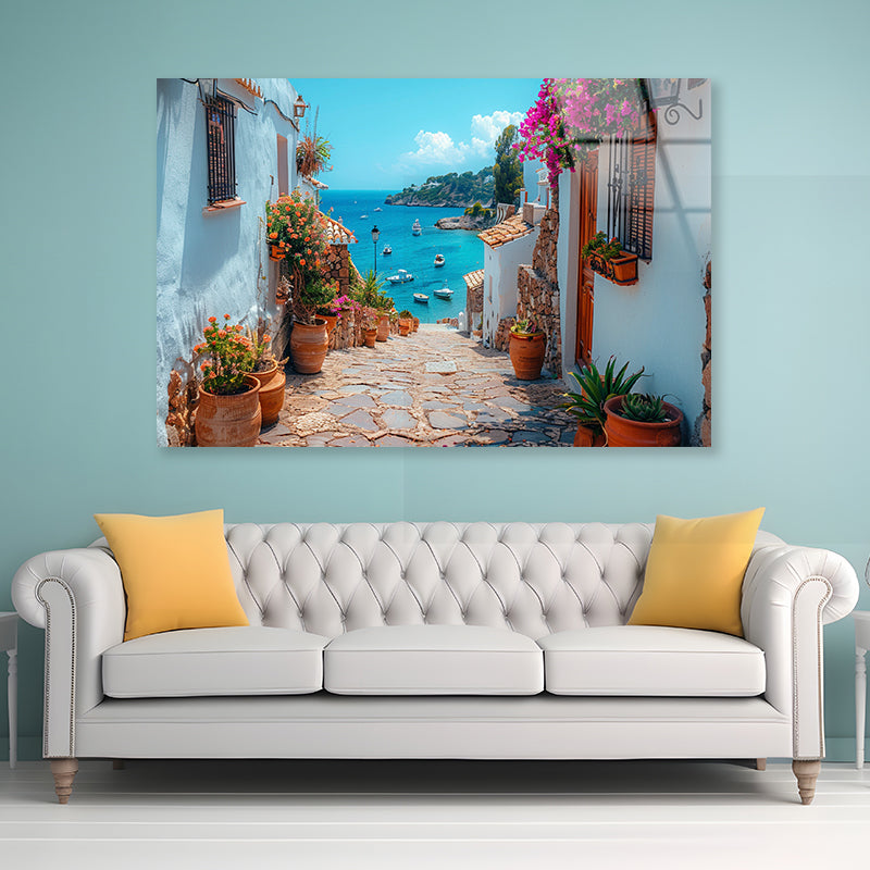 Stone Path with Potted Plants in Spain Acrylic Glass Print Tempered Glass Wall Art 100% Made in Australia Ready to Hang - Bella Home Decor