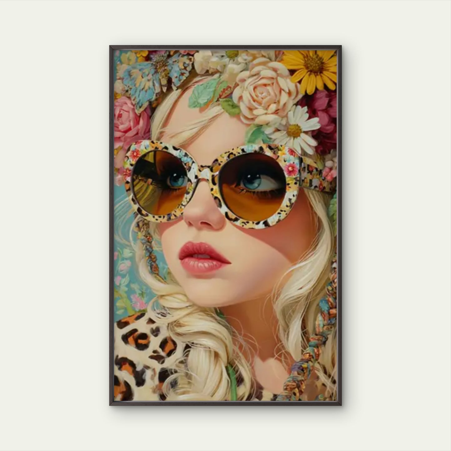 Blonde Woman with Floral Crown and Fashion Glasses Fashion Home Decor Premium Quality Poster Print Choose Your Sizes