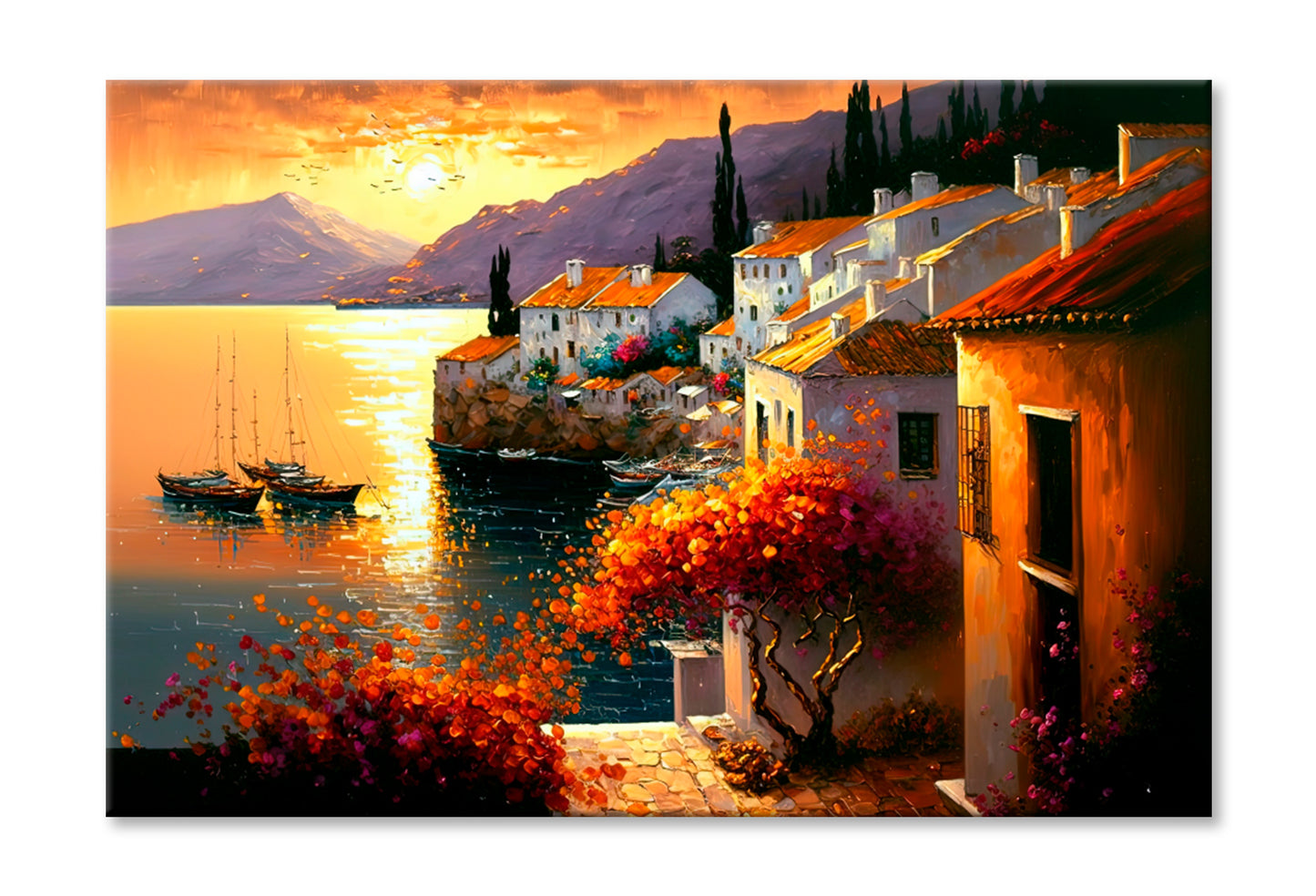 Cityscape With Ocean View Oil Painting Wall Art Limited Edition High Quality Print Stretched Canvas None