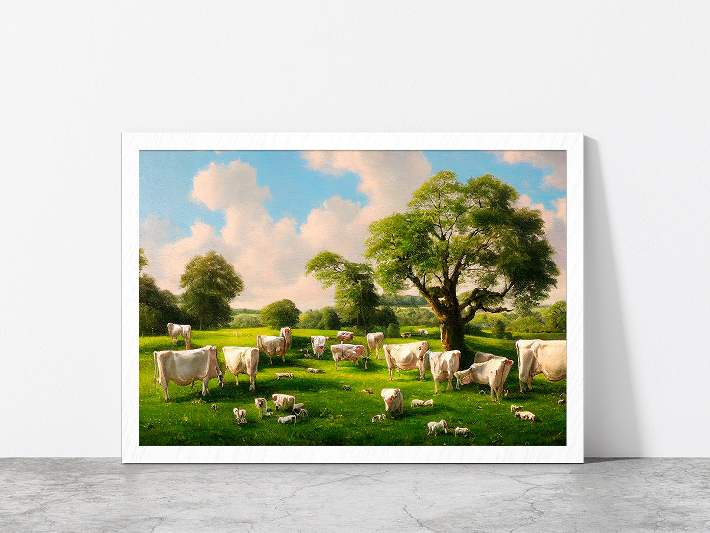 Countryside In Summer With Dairy Cows Eating In The Shade Of A Tree Glass Framed Wall Art, Ready to Hang Quality Print Without White Border White