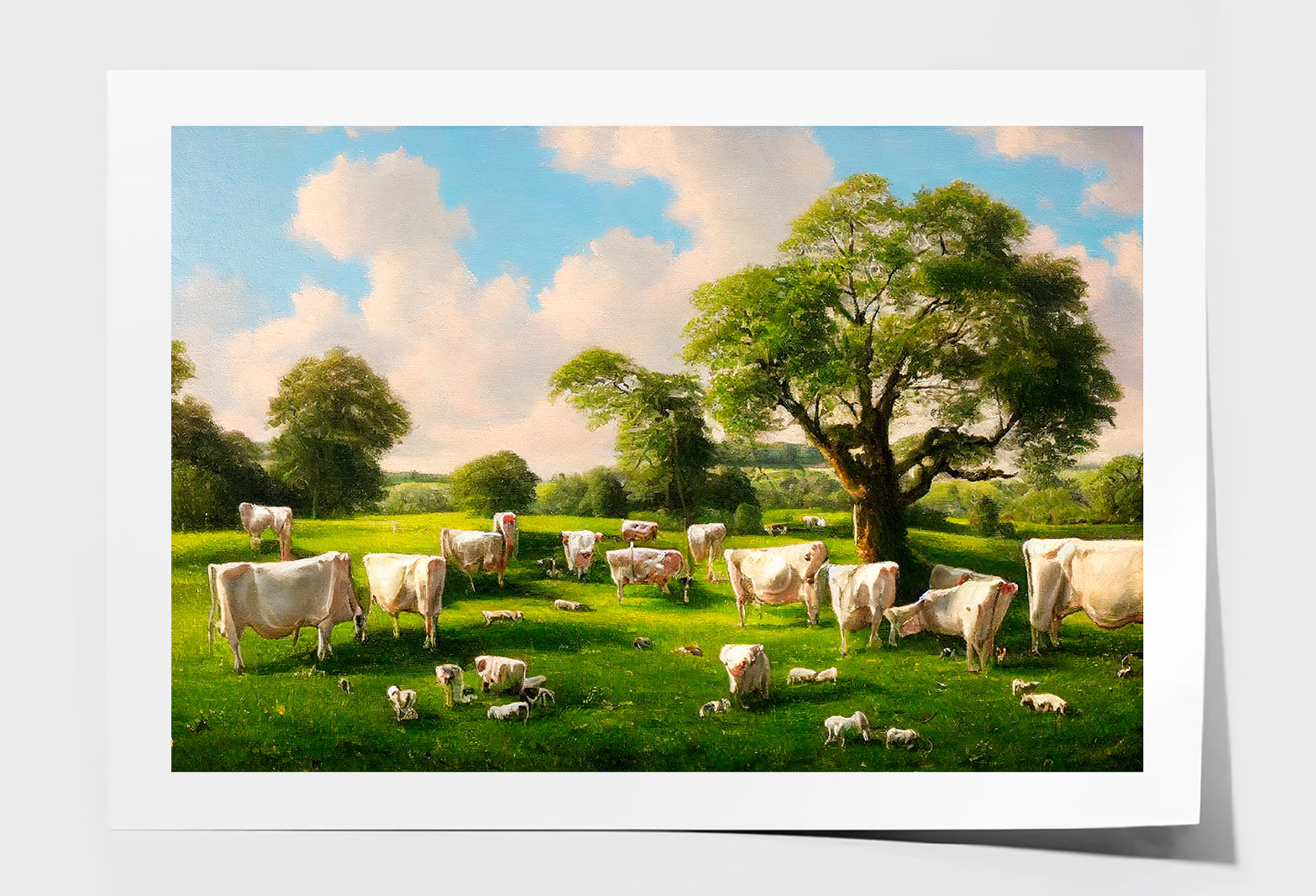 Countryside In Summer With Dairy Cows Eating In The Shade Of A Tree Oil Painting Limited Edition High Quality Print Unframed Roll Canvas None