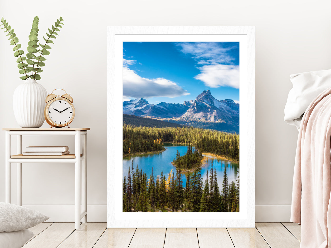 Glacier Lake & Canadian Mountains Glass Framed Wall Art, Ready to Hang Quality Print With White Border White