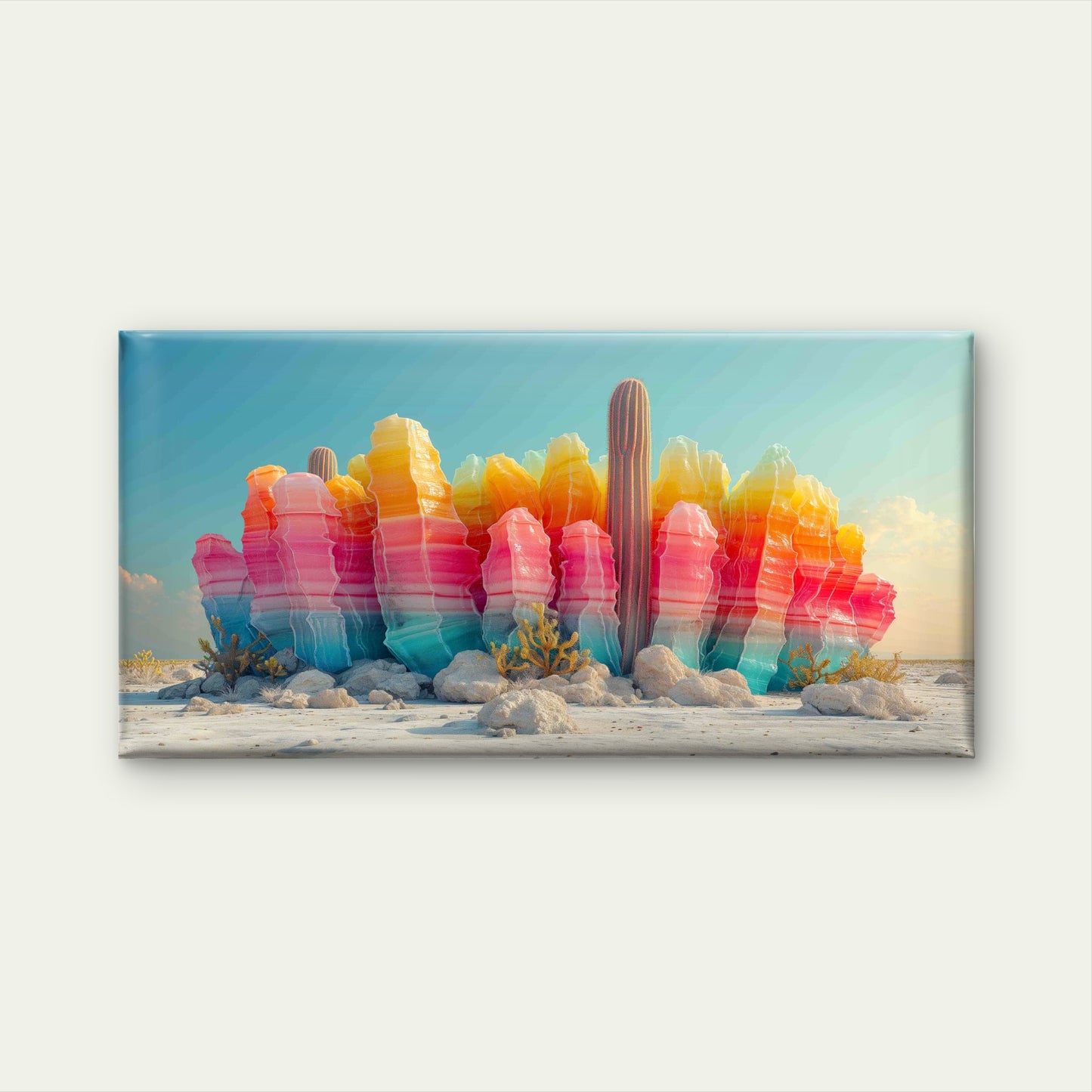 Rainbow Pastel Desert Cactus Wall Art Canvas Office Home Room Framed 120x60 cm - Bella Home Decor