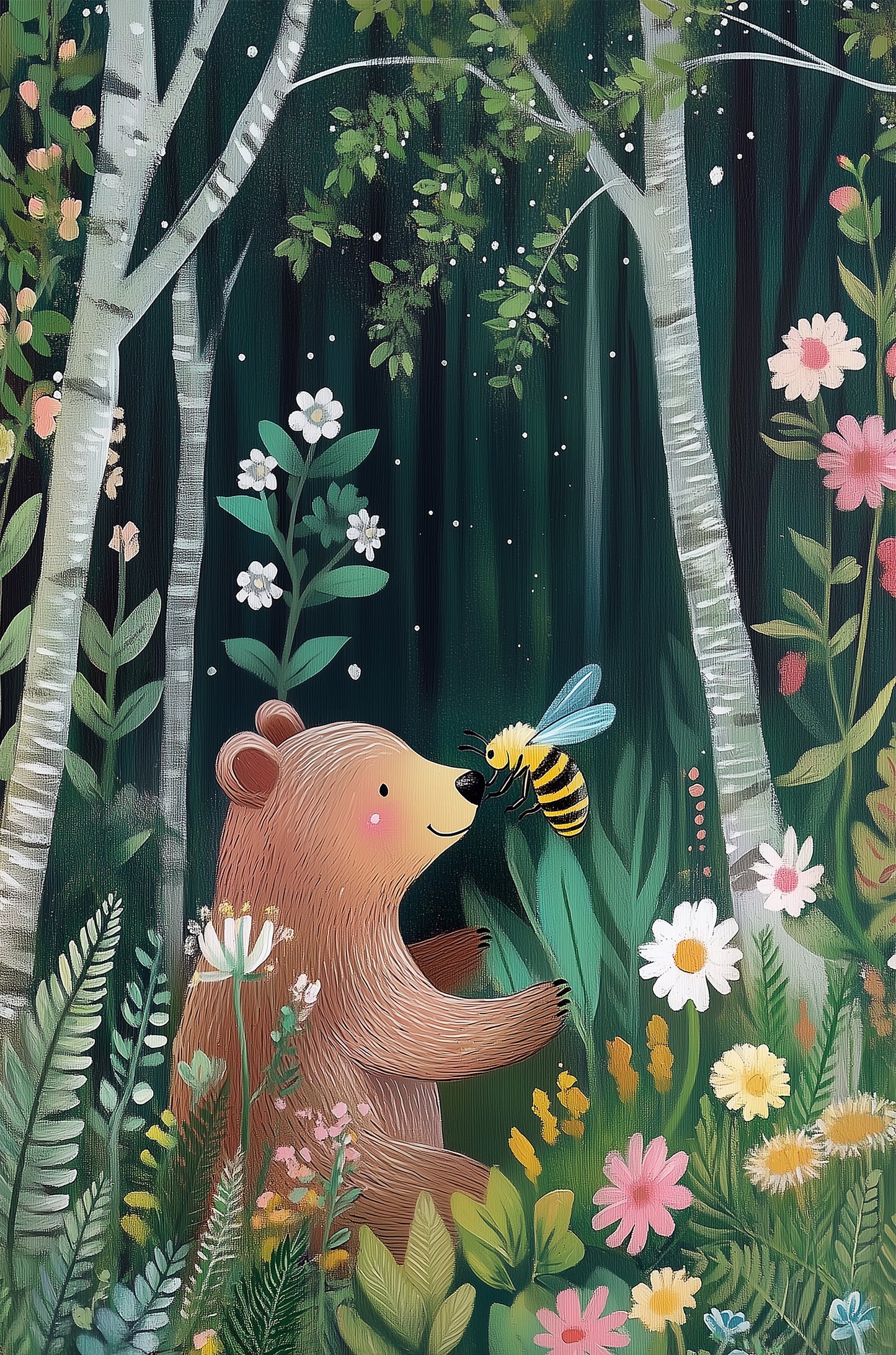 Cute Bear Bee Forest Wildflowers Nursery 40x60cm Metal Print Ready to Hang