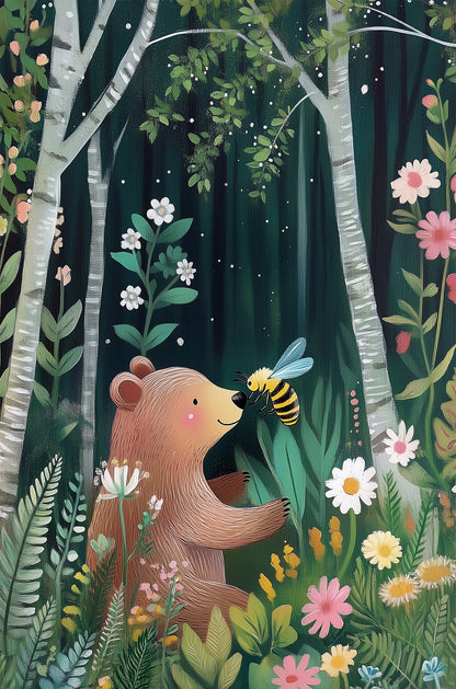 Cute Bear Bee Forest Wildflowers Nursery 40x60cm Metal Print Ready to Hang