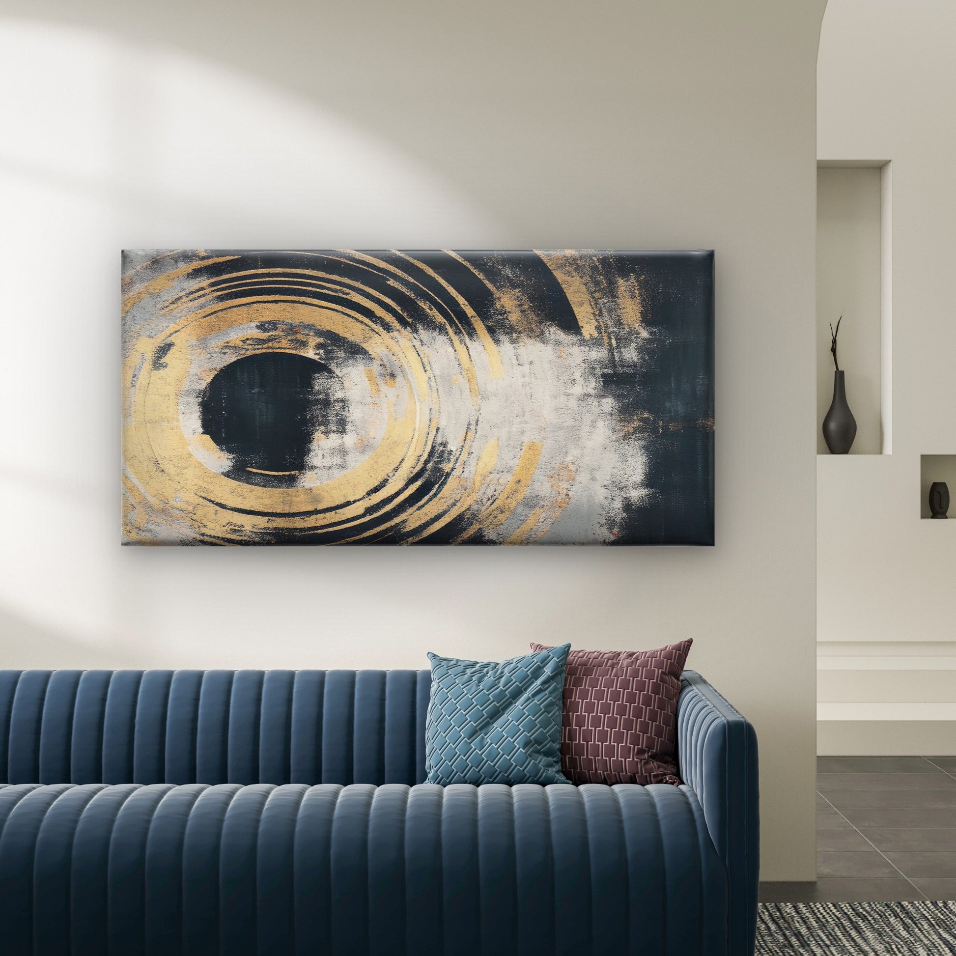 Gold Zen Circle Texture Wall Art Canvas Office Home Room Framed 120x60cm - Bella Home Decor