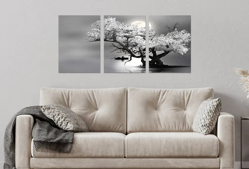 3pcs Black and White Tree Lake Moon Reflection  Wall Art Set Canvas Unframed - High Quality Print 100% Australian Made Wall Canvas - Bella Home Decor