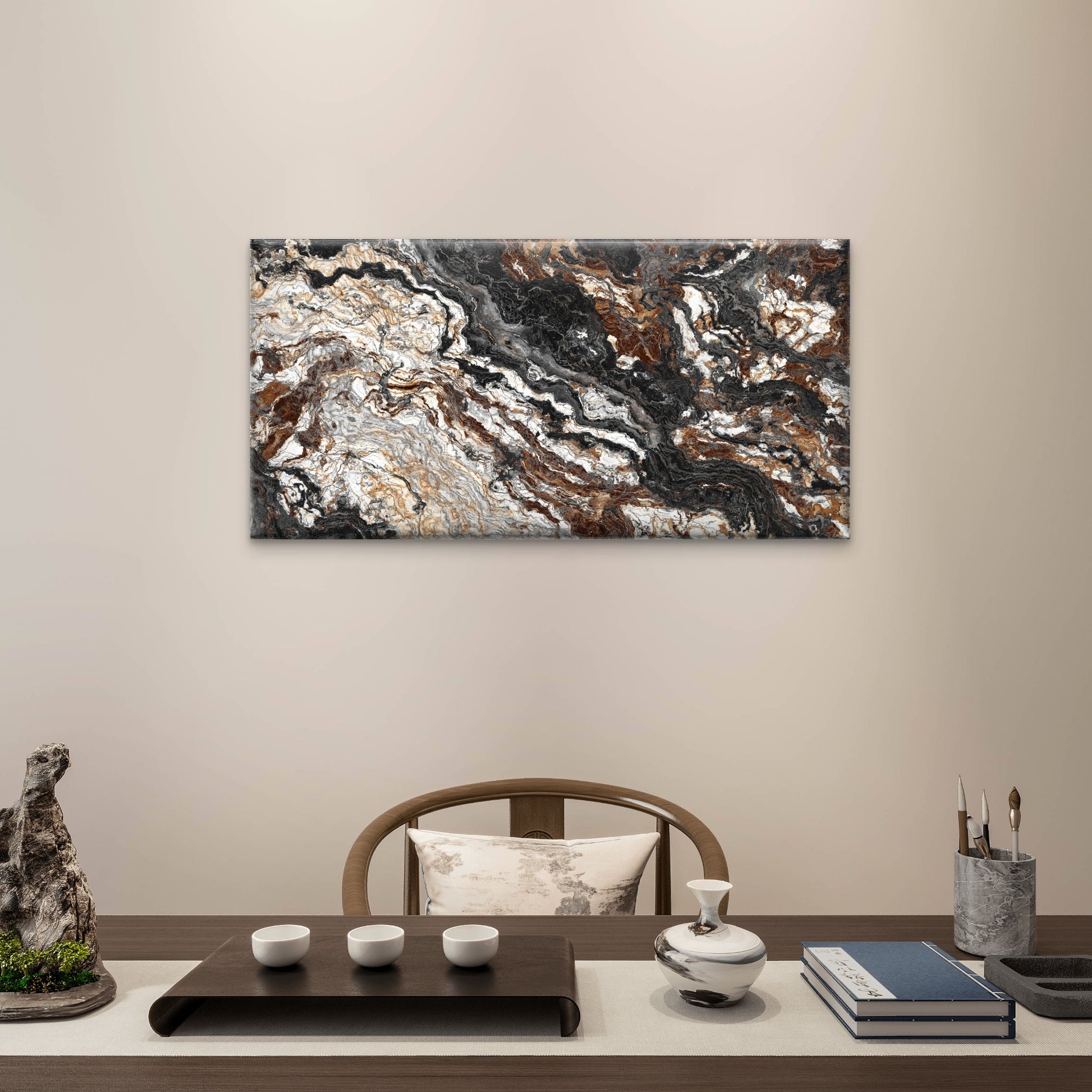 Black & Gold Liquid Granite Texture Wall Art Canvas Office Home Room Framed 120x60cm - Bella Home Decor