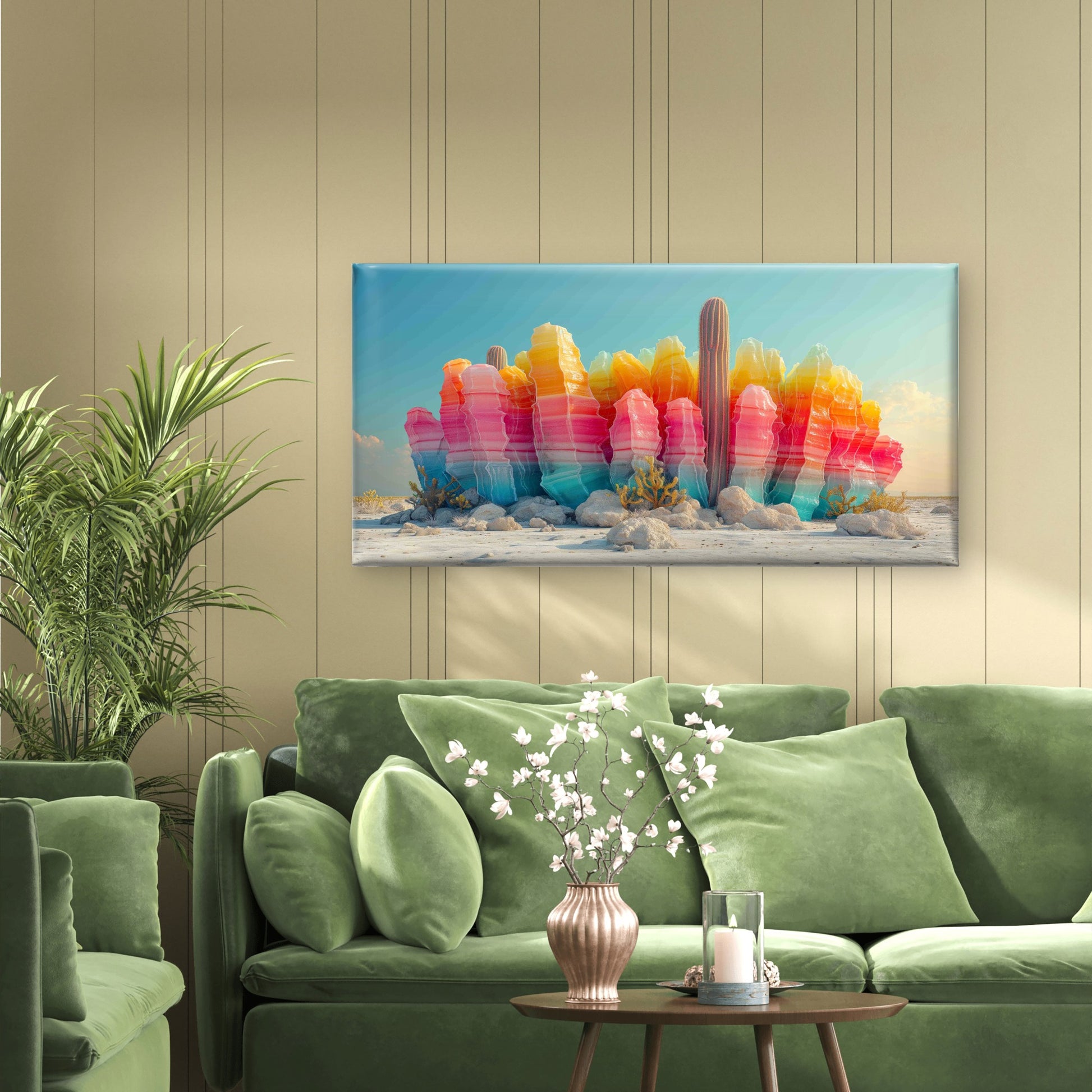 Rainbow Pastel Desert Cactus Wall Art Canvas Office Home Room Framed 120x60 cm - Bella Home Decor