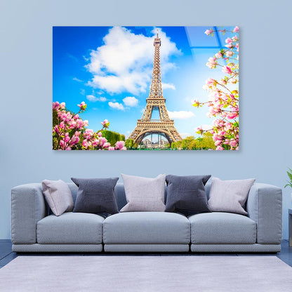 Eiffel Tower In Paris with Pink Flowers Acrylic Glass Print Tempered Glass Wall Art 100% Made in Australia Ready to Hang