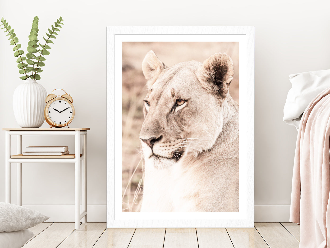 Lioness Side View Faded Photograph Glass Framed Wall Art, Ready to Hang Quality Print With White Border White