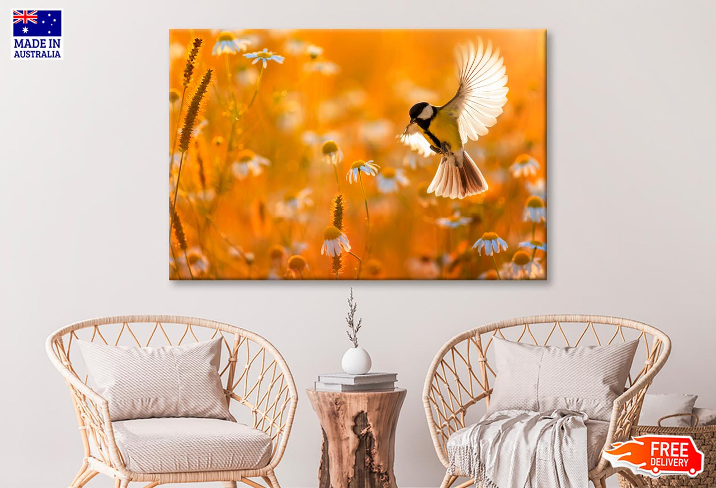 Little Bird Yellow Tit Flies Over a Field  Wall Art Decor 100% Australian Made