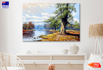 River in Forest with Cloudy Sky Oil Painting Wall Art Limited Edition High Quality Print