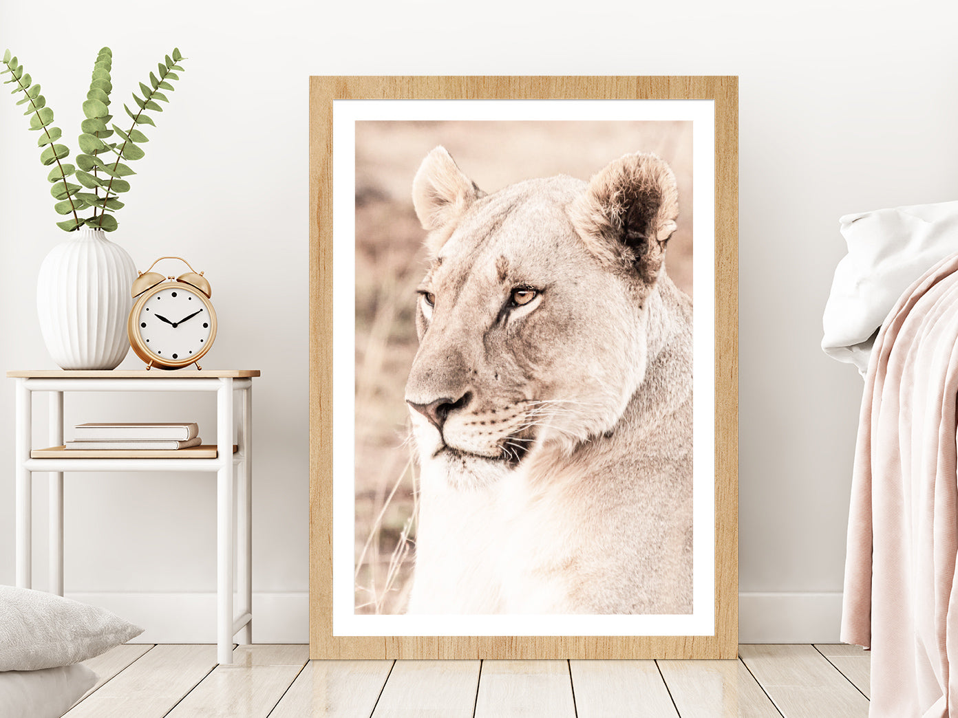 Lioness Side View Faded Photograph Glass Framed Wall Art, Ready to Hang Quality Print With White Border Oak