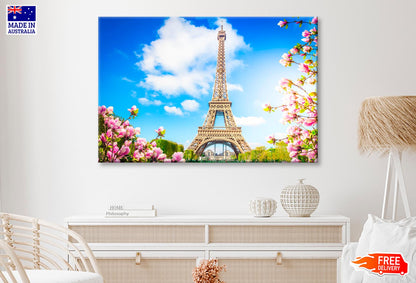 Eiffel Tower In Paris with Pink Flowers Wall Art Decor 100% Australian Made