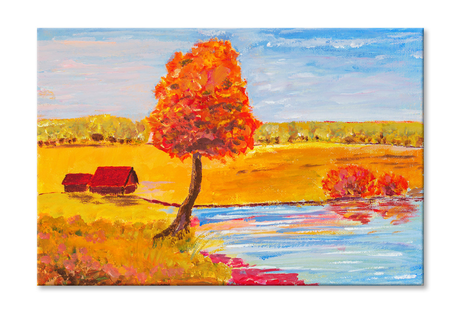 Village Houses & Tree with River Oil Painting Wall Art Limited Edition High Quality Print Stretched Canvas None