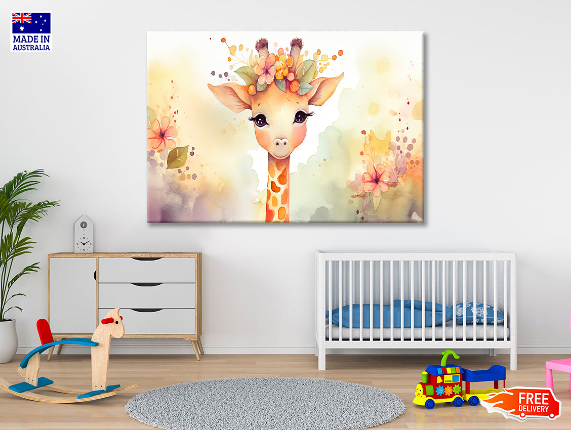 Baby Giraffe in Flower Blossom Garden Print 100% Australian Made - Bella Home Decor