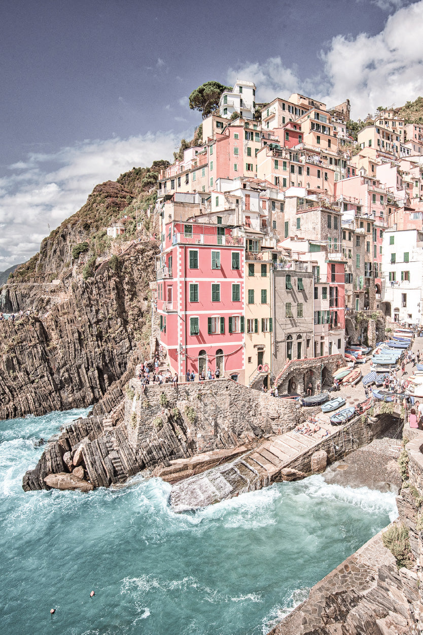 Cinque Terre City & Coastal View Photograph Glass Framed Wall Art, Ready to Hang Quality Print