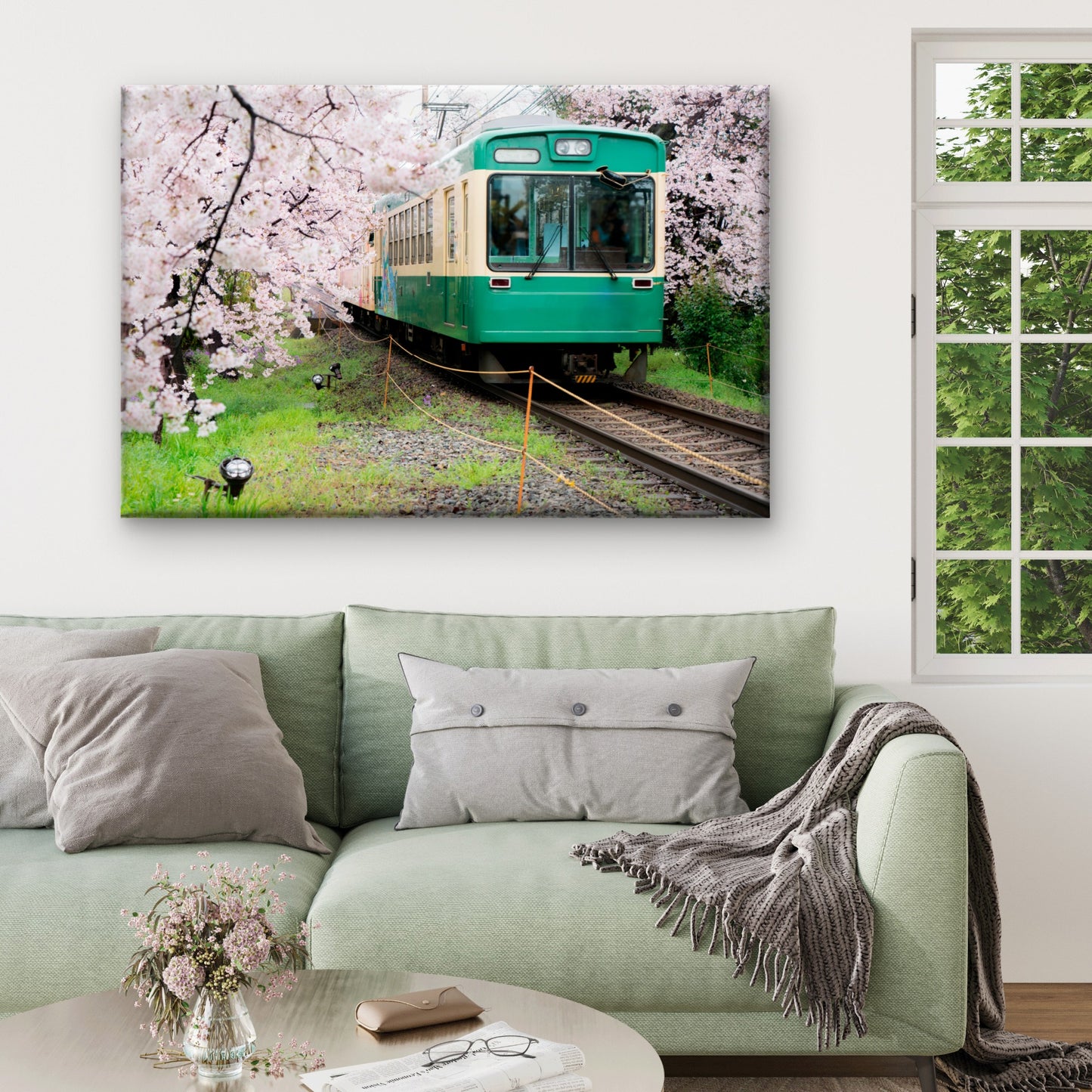 Japan Green Train Cherry Blossom Wall Art Decor 100% Australian Made