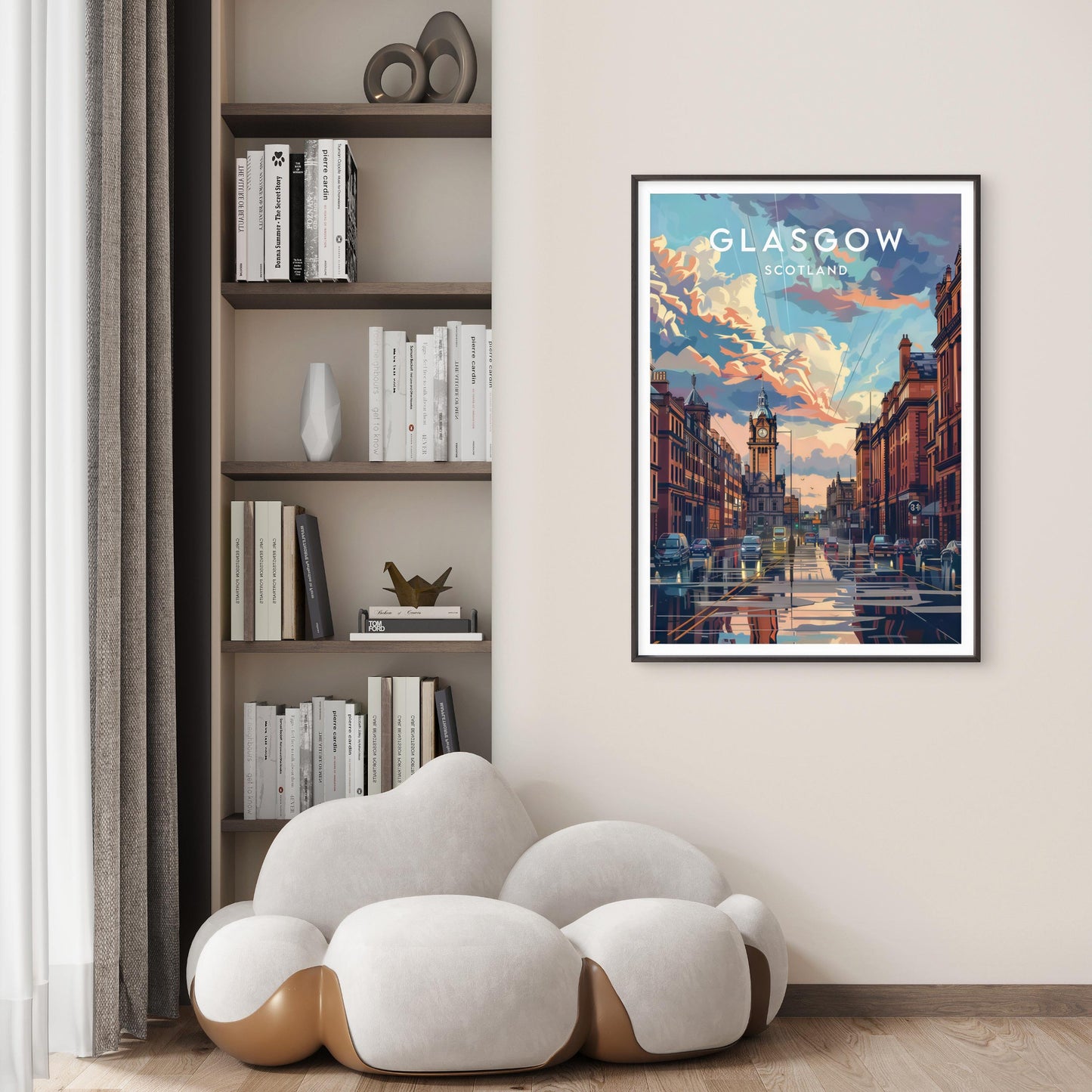 Glasgow Scotland Cityscape Sunset Street with Historic Buildings Travel Poster Print Wall Art