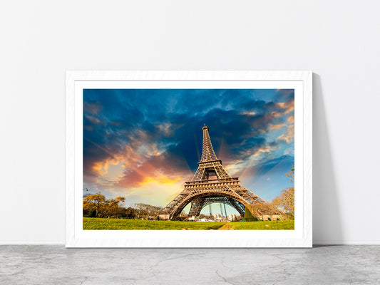 Eiffel Tower In Paris & Sunrise Glass Framed Wall Art, Ready to Hang Quality Print With White Border White