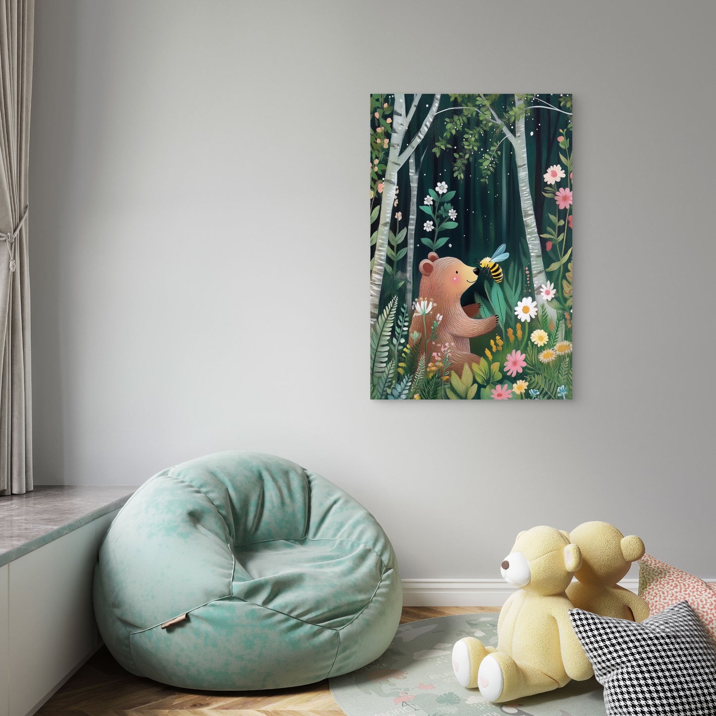 Cute Bear Bee Forest Wildflowers Nursery 40x60cm Metal Print Ready to Hang