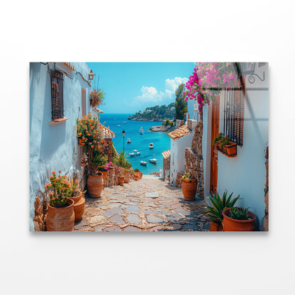 Stone Path with Potted Plants in Spain Acrylic Glass Print Tempered Glass Wall Art 100% Made in Australia Ready to Hang - Bella Home Decor