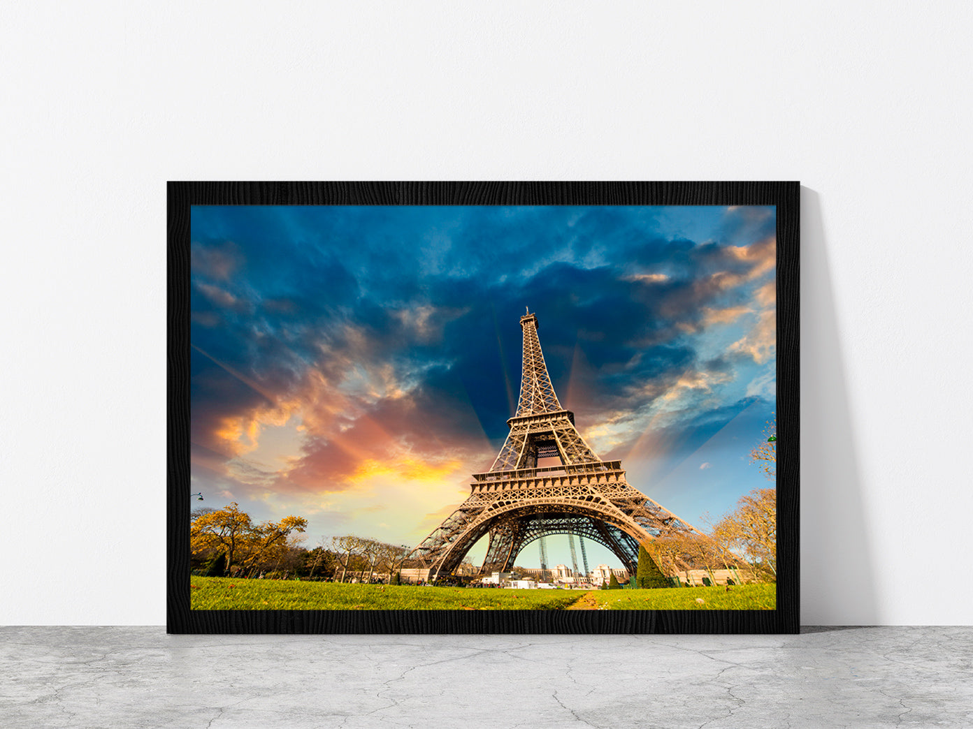 Eiffel Tower In Paris & Sunrise Glass Framed Wall Art, Ready to Hang Quality Print Without White Border Black