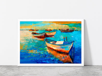 Boats On Sea & Sunset Over The Sea Painting Glass Framed Wall Art, Ready to Hang Quality Print Without White Border White