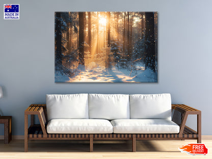 Snowy Forest with Trees through Sunlight Print 100% Australian Made - Bella Home Decor