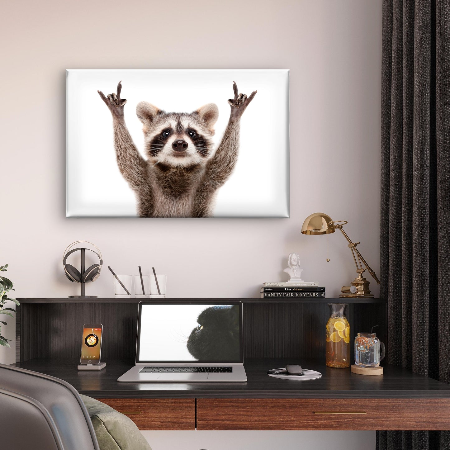 Funny Raccoon Rock On Hand Sign Wall Art Decor 100% Australian Made