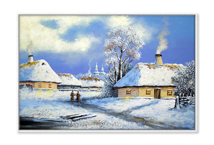 Old Village Houses & Church in Winter Oil Painting Wall Art Limited Edition High Quality Print Canvas Box Framed White