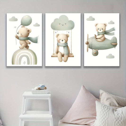 3pcs Charming Cloud Swing an Adorable Bear Wall Art Set Canvas Framed 60x90cm - High Quality Print 100% Australian Made Wall Canvas Ready to Hang