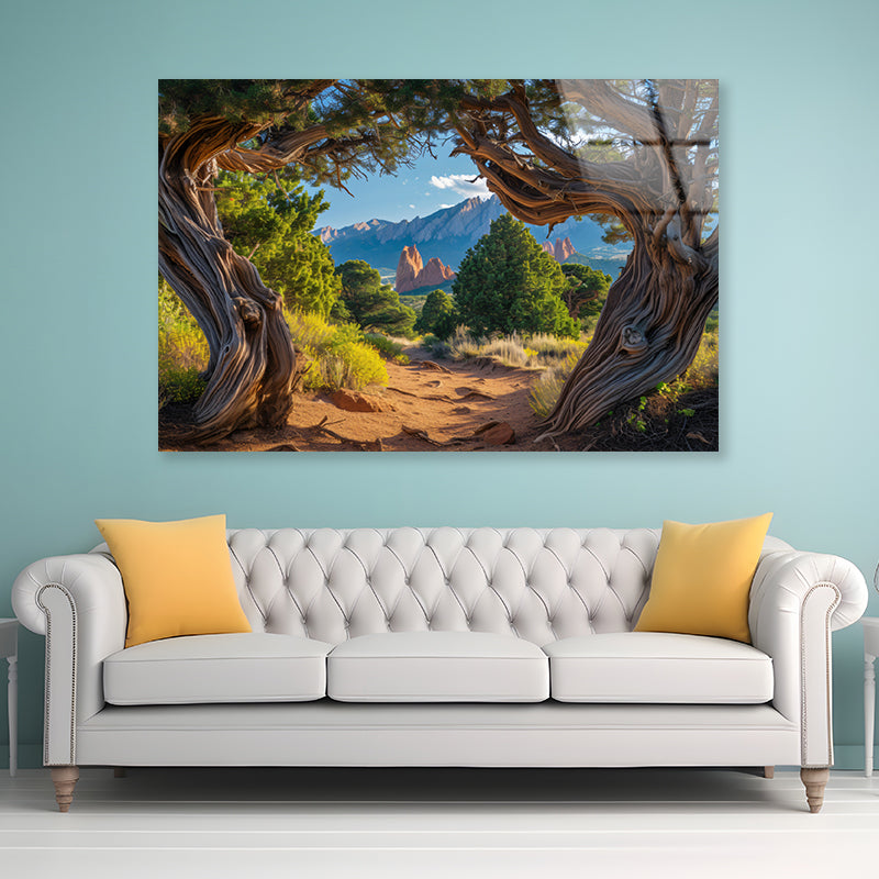 Trees with Mountains Acrylic Glass Print Tempered Glass Wall Art 100% Made in Australia Ready to Hang - Bella Home Decor