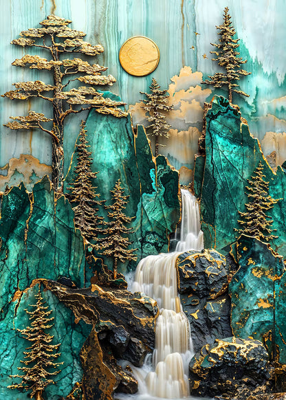 Jade Gold Mountain Waterfall 40x60cm Metal Print Ready to Hang - Bella Home Decor