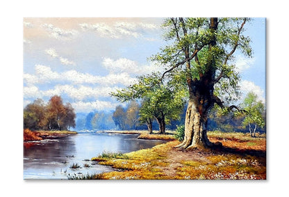 River in Forest with Cloudy Sky Oil Painting Wall Art Limited Edition High Quality Print Stretched Canvas None