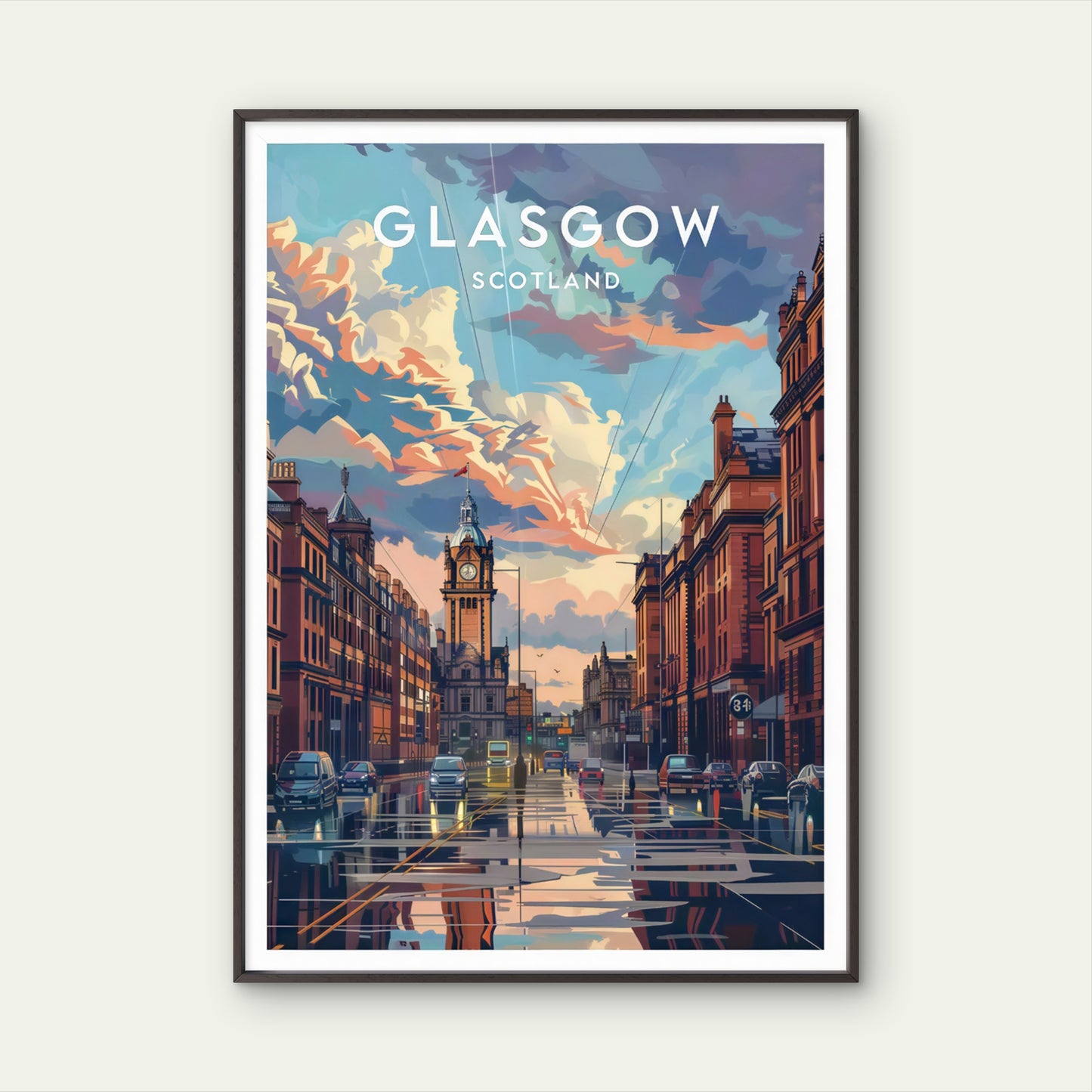 Glasgow Scotland Cityscape Sunset Street with Historic Buildings Travel Poster Print Wall Art