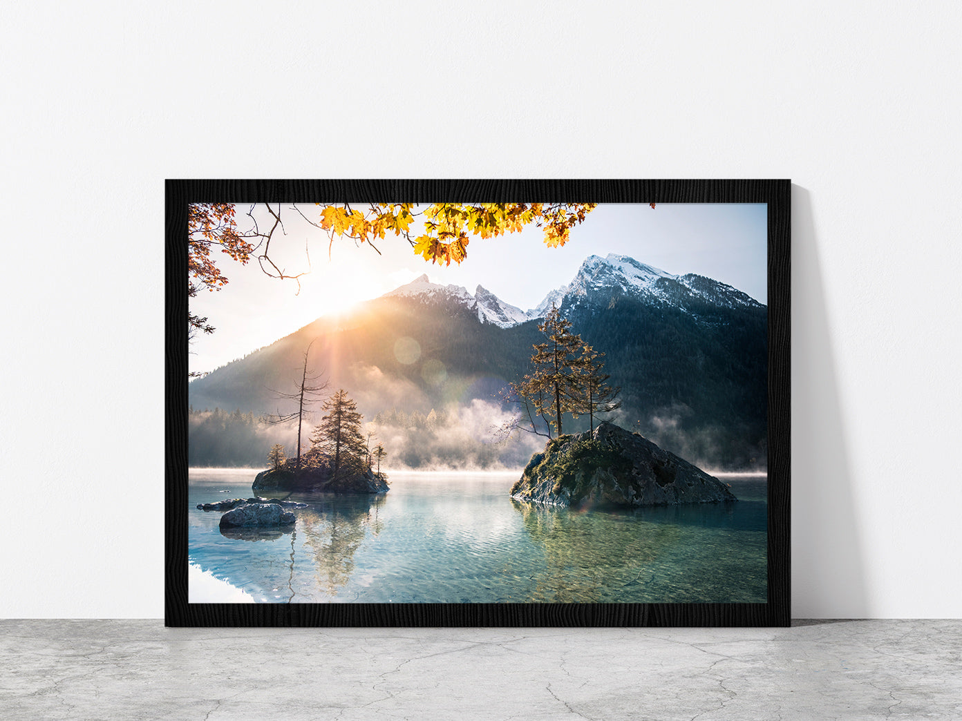 Islands At Hintersee Foggy Day Glass Framed Wall Art, Ready to Hang Quality Print Without White Border Black