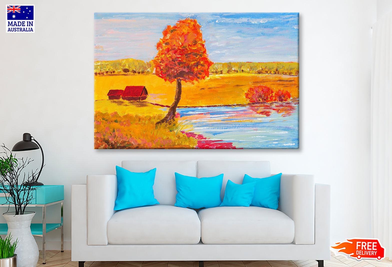 Village Houses & Tree with River Oil Painting Wall Art Limited Edition High Quality Print