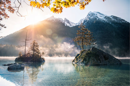 Islands At Hintersee Foggy Day Glass Framed Wall Art, Ready to Hang Quality Print