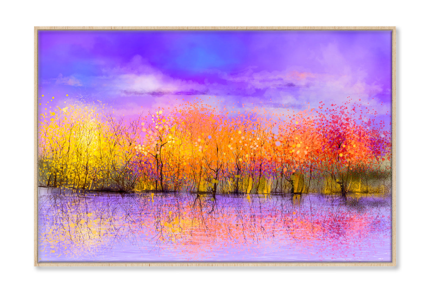 Colorful Autumn Forest, Trees With Yellow, Red Leaf & Lake Oil Painting Wall Art Limited Edition High Quality Print Canvas Box Framed Natural