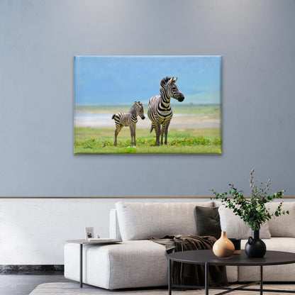 Zebra With Young Foal in African Savanna Wall Art Decor 100% Australian Made