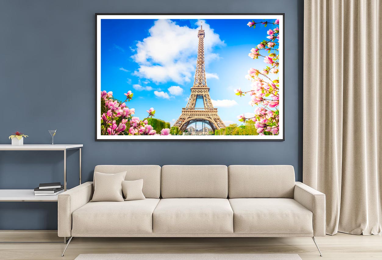 Eiffel Tower In Paris with Pink Flowers Home Decor Premium Quality Poster Print Choose Your Sizes