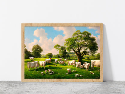 Countryside In Summer With Dairy Cows Eating In The Shade Of A Tree Glass Framed Wall Art, Ready to Hang Quality Print Without White Border Oak