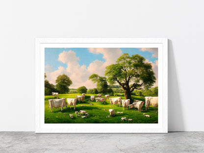 Countryside In Summer With Dairy Cows Eating In The Shade Of A Tree Glass Framed Wall Art, Ready to Hang Quality Print With White Border White